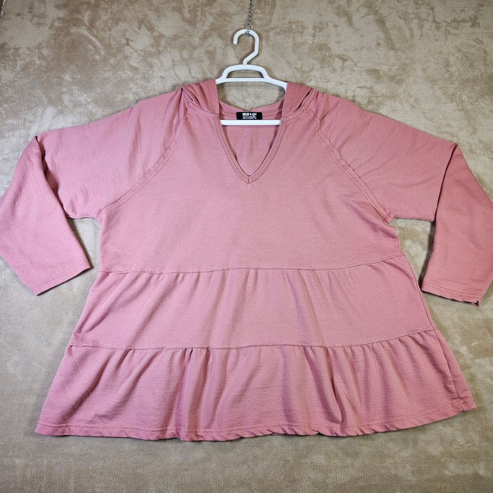 Jolie & Joy Womens 2X Pink Hooded Tiered Babydoll Top V-Neck Long Sleeve Boho